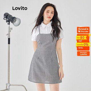 Lovito ชุดเดรส ซิปด้านข้าง บล็อกสี ลายสก๊อต สไตล์ลำลอง สำหรับผู้หญิง L49AD070 (สีดำ และ สีขาว)