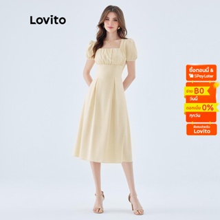 Lovito เดรสลำลองสีพื้น แขนพอง แต่งจีบร่น สำหรับสตรี L49ED087 (ออฟไวท์)