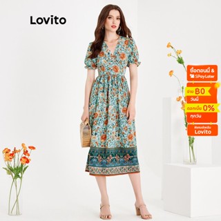 Lovito เดสโบโฮพิมพ์ลาย ทรงห่อ แขนพอง สำหรับสตรี L51ED132 (สีน้ำเงินอมเขียว)