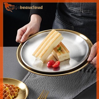 Widebeaucloud ถาดสเตนเลส สีทอง หรูหรา จานกลม สีทอง ผลไม้ เค้ก สเต็ก ขนมขบเคี้ยว ห้องครัว โลหะ บนโต๊ะอาหาร จานดี