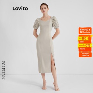 Lovito เดรสแบบผ่า แขนพัฟ คอเหลี่ยม สีพื้น สไตล์หรูหรา แฟชั่นผู้หญิง L37ED064 (สีแอปริคอต)