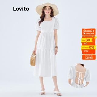 Lovito ชุดเดรส แขนสั้น แต่งโบที่หลัง ทรงเอ สไตล์โบโฮ สำหรับสตรี L49ED105 (สีขาว)