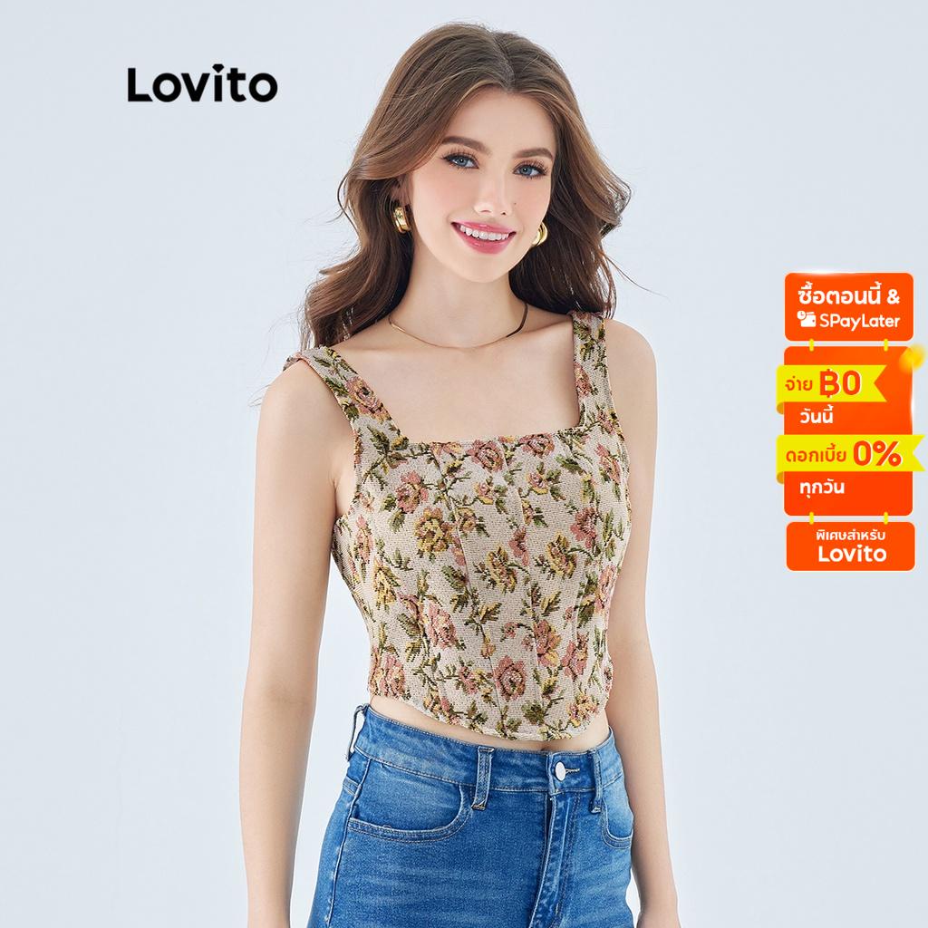 Lovito เสื้อครอป แขนกุด คอเหลี่ยม ลายดอกไม้ สไตล์วินเทจ สำหรับสตรี L49ED016 (หลากสี)