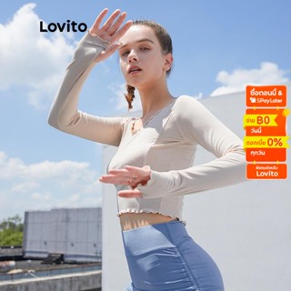 Lovito เสื้อยืดคอกลม ขอบหยัก ระบายอากาศ สีพื้น สไตล์สปอร์ต L04011 (สีนู้ด)