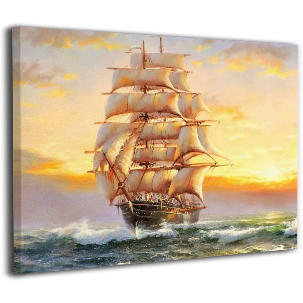 โปสเตอร์ภาพวาดผ้าใบ รูปเรือใบในมหาสมุทร พระอาทิตย์ตก สไตล์โมเดิร์น สําหรับแขวนตกแต่งผนัง ห้องนั่งเล่น ออฟฟิศ