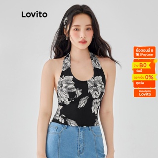 Lovito เสื้อกล้ามลำลอง ลายดอกไม้ แต่งสม็อค แขนกุด สำหรับสตรี  L49AD034 (สีดำ)