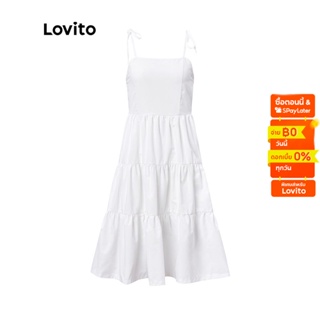 Lovito ชุดเดรส สายเส้นเล็ก สีพื้น ชายเลเยอร์ สไตล์ลำลอง สำหรับผู้หญิง L33ED024 (สีขาว)