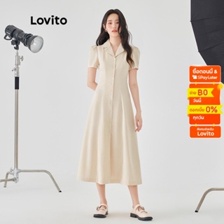 Lovito ชุดเดรส เบสิก กระดุมติด สีพื้น สไตล์ลำลอง สำหรับผู้หญิง L49AD068 (สีออฟไวต์)