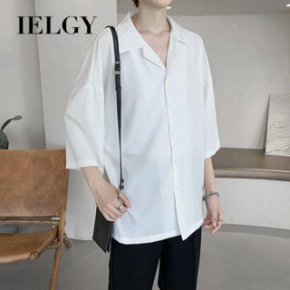 IELGY เสื้อเชิ้ตแขนสั้น ทรงหลวม สีขาว สไตล์เกาหลี ฮ่องกง อินเทรนด์ สําหรับผู้ชาย