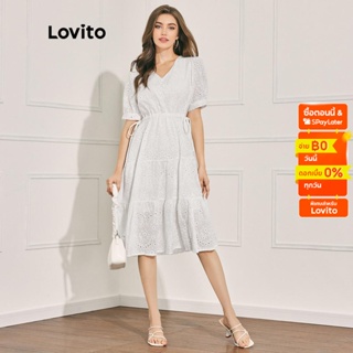 Lovito เดรสสีพื้น สไตล์ลำลอง ลายปัก สำหรับผู้หญิง L47LD050 (สีขาว)