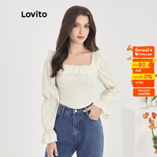 Lovito เสื้อเบลาส์ลำลอง สีพื้น ทรงอสมมาตร คอเหลี่ยม แขนวิราโก สำหรับสตรี L51ED159 (สีแอพริคอท)