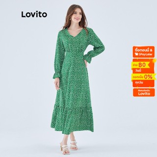 Lovito ชุดแม็กซี่เดรส แขนยาว ทรงเอ ชายระบาย ลายดอกไม้ สำหรับผู้หญิง L49ED117 (สีเขียว)