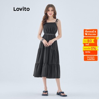 Lovito ชุดมิดี้เดรส แขนกุด ทรงเอ สีพื้น ลูกไม้ สไตล์โบโฮ สำหรับผู้หญิง L49ED104 (สีดำ)