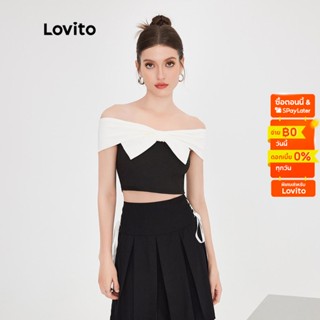 Lovito เสื้อกล้าม แต่งโบน่ารัก คัลเลอร์บล็อก สีพื้น สำหรับผู้หญิง L51ED068 (ขาวดำ)