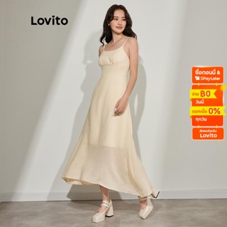 Lovito เดรสสตรี ลำลอง สีพื้น สายสปาเกตตี้ L45AD034(สีแอพริคอท)