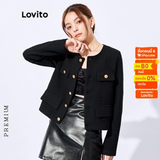 Lovito เสื้อแจ็กเก็ต คอกลม แต่งกระดุม เรียบหรู สําหรับผู้หญิง L32FW095 (สีดํา)(สำหรับไลฟ์เท่านั้น)