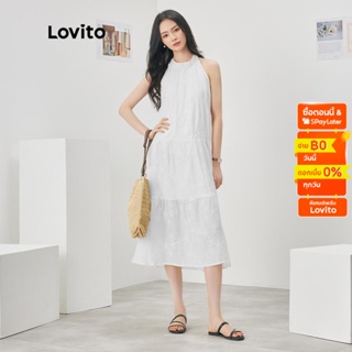 Lovito เดรสผูกหลัง ทรงเอ แขนกุด สีพื้น ลำลอง สำหรับผู้หญิง L52AD082 (สีแอปริคอท/ขาว)