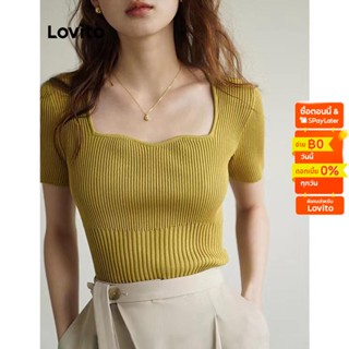 Lovito เสื้อถัก เบสิก แขนสั้น สีพื้น ลำลอง สำหรับผู้หญิง L52AD057 (สีเขียว/ดำ)