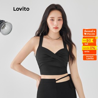 Lovito เสื้อครอป แขนกุด จับจีบ สีพื้น สไตล์ลำลอง สำหรับผู้หญิง L49AD023 (สีดำ)