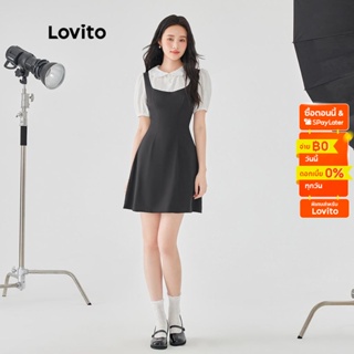 Lovito ชุดเดรส แขนสั้น กระดุมติด ซิปรูด สีพื้น สไตล์ลำลอง สไตล์ลำลอง สำหรับผู้หญิง L49AD069 (สีดำ และ สีขาว)