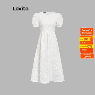 Lovito เดรสทรงเอ แขนพอง คอกลม ลายดอกไม้ หรูหรา สำหรับผู้หญิง L45LD060 (สีขาว)