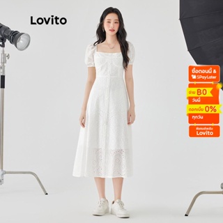 Lovito ชุดเดรส แต่งกระดุม พร้อมซับ ้ย็บปักลายตาไก่ มีซิป สีพื้น สไตล์ลำลอง สำหรับผู้หญิง L49AD064 (สีขาว)