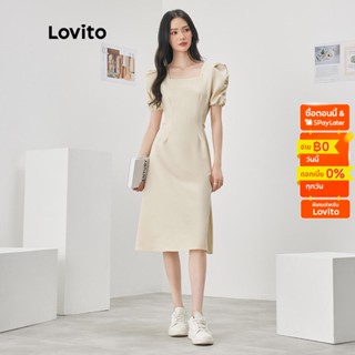 Lovito ชุดเดรส ลำลอง คอเหลี่ยม เรียบหรู สีพื้น สำหรับผู้หญิง L52AD093 (สีขาวออฟไวท์)