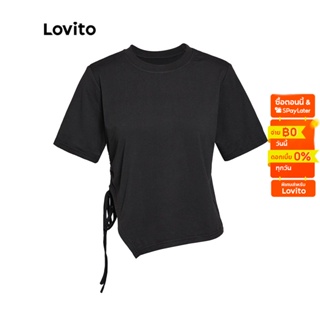 Lovito เสื้อยืด เบสิค สีพื้น แต่งผูกเชือก สไตล์ลำลอง สำหรับผู้หญิง L33AD058 (สีดำ)