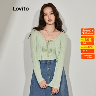 Lovito ชุดเซตเสื้อคอกลม แขนยาว แต่งโบ สีพื้น สไตล์ลำลอง สำหรับผู้หญิง L45ED028 (สีเขียว)