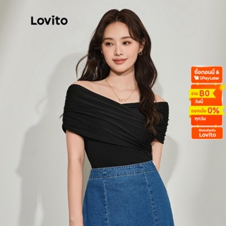 Lovito เสื้อยืดลำลอง สีพื้น สายไขว้สำหรับสตรี L45AD003(สีดำ)