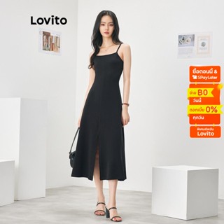 Lovito ชุดมิดี้เดรส ผ่าหน้า สีพื้น ลำลอง สำหรับผู้หญิง รุ่น L52AD081 (สีดำ)