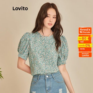 Lovito เสื้อเบลาส์ แขนสั้น แขนพอง คอกลม ลายดอกไม้ สไตล์โบโฮ L45ED065 (สีเขียว)