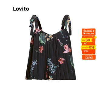 Lovito เสื้อกล้ามโบโฮลายดอกไม้ แต่งโบ ลายดอกไม้ พร้อม เสื้อกล้ามสายปรับได้ สำหรับสตรี L51ED061 (สีดำ)