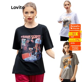 Lovito เสื้อยืด พิมพ์ลาย สไตล์วินเทจ L00241 (สีดำ / ขาว)