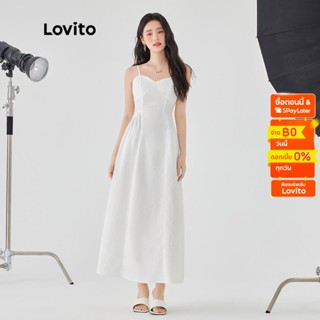 Lovito เดรสคอวี มีระบาย สีพื้น สไตล์ลำลอง สำหรับผู้หญิง L47AD038 (สีขาว)