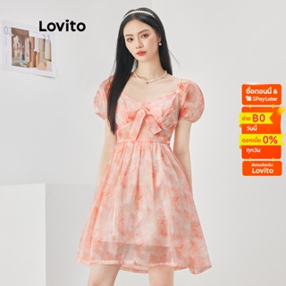 Lovito เดรสลำลองลายดอกไม้ แต่งโบ ด้านหน้า สองขั้น สำหรับสตรีL52AD098 (ชมพู)