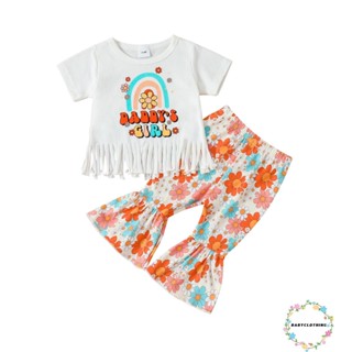 Babyclothes- ชุดเสื้อยืดแขนสั้น พิมพ์ลายตัวอักษร และพู่ และกางเกงขาบาน ลายดอกไม้ แฟชั่นฤดูร้อน สําหรับเด็กผู้หญิง 2 ชิ้น