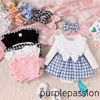 Purplepassion- ชุดรอมเปอร์ จั๊มสูทกระโปรง ผ้าถัก แต่งลูกไม้ พร้อมที่คาดผม สําหรับเด็กทารกแรกเกิดผู้หญิง