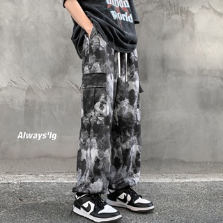 Ink Printing Ice Silk Pants ผู้ชาย      หลวมตรงลายพรางชุดทำงานกางเกง      กางเกงทรงสูงทุกตัว