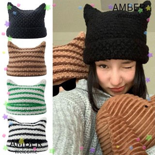 Amber หมวกบีนนี่ญี่ปุ่น หูแมวน่ารัก แบบสวมหัว หมวกผู้หญิง ลายทาง