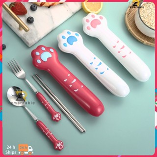 Ready stock Cat Claw Handle Stainless Steel Spoon Fork Chopsticks 3 Piece Set Household Soup Rice Spoon Student Portable Tableware Set