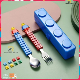 Ready stock DIY Pixel Assembled Building Blocks Tableware Kids Portable Tableware Fun Children&amp;#39;s Stainless Steel Tableware Set