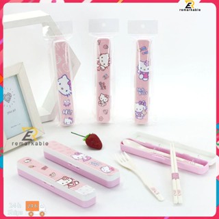 พร้อมส่ง Sanrio Kt Cat Student Chopsticks Resin Set Portable Tableware 3pcs/4 Pcs Tableware With Storage Box Pattern