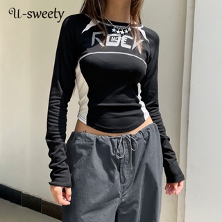 U-sweety เสื้อยืดลําลอง แขนสั้น คอกลม สีตัดกัน เรียบง่าย สําหรับสตรี 2023 2023