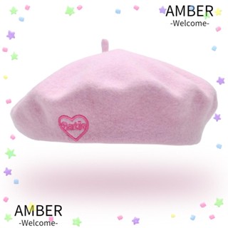 Amber หมวกเบเร่ต์ ผ้าวูล ปักลายหัวใจ สีชมพู ระบายอากาศ สําหรับตุ๊กตาบาร์บี้