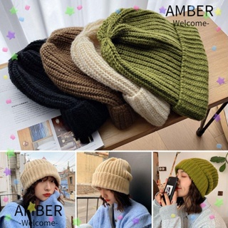 Amber หมวกบีนนี่ถัก สีพื้น น่ารัก สําหรับผู้หญิง / ผู้ชาย