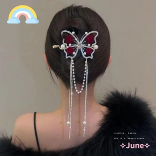 June กิ๊บติดผมหางม้า ประดับพู่คริสตัล รูปผีเสื้อ สีแดง สไตล์เรโทร