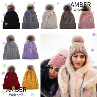 Amber หมวกถัก ปอมปอม ขนาดใหญ่ น่ารัก สีพื้น สําหรับผู้หญิง