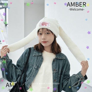 Amber หมวกถักโครเชต์ ทรงยาว แต่งหูกระต่าย แฟชั่นฤดูใบไม้ร่วง ฤดูหนาว สําหรับผู้หญิง