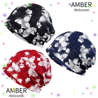 Amber หมวกคลุมผม ผ้าโพกหัว แบบสวมหัว ลายผีเสื้อ ลูกไม้ เคมี สําหรับผู้หญิง